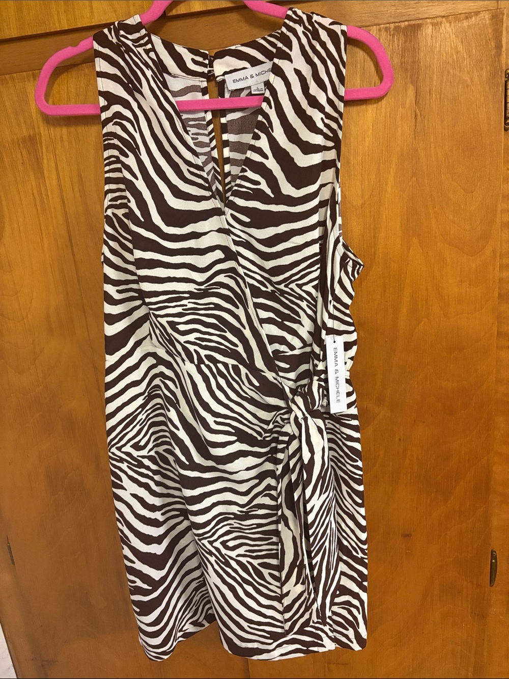 NWT Emma & Michele Brown and White Zebra-Print Wrap Mini Dress